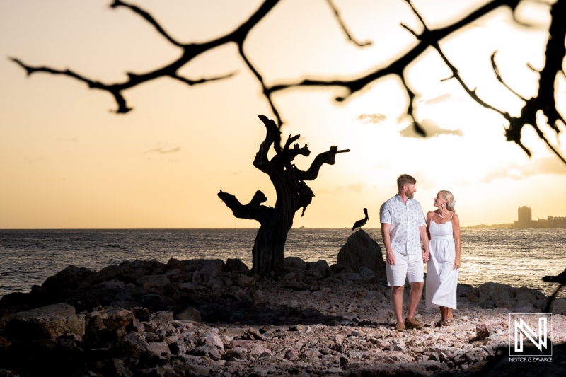 Couple celebrates anniversary at Baoase Luxury Resort in Curacao during a stunning sunset