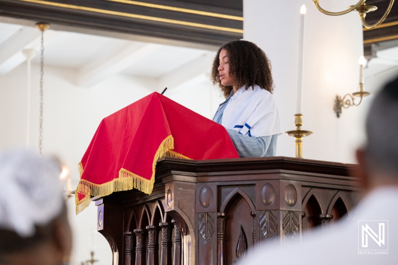 Celebration of Bat Mitzvah ceremony at Mikve Israel-Emanuel Synagogue in Curacao on a special day for the young girl