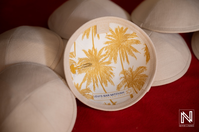Celebration of Bar Mitzvah at Mikve Israel-Emanuel Synagogue in Curacao with special kippah design