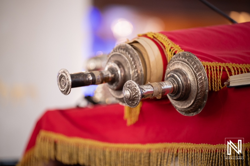 Bar Mitzvah ceremony at Mikve Israel-Emanuel Synagogue in Curacao with Torah scroll