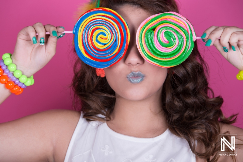 Brightly colored lollipops create a playful atmosphere in a commercial shoot set in Venezuela