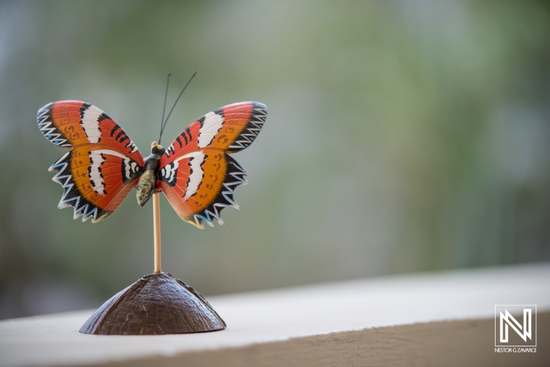 Colorful butterfly decoration displays vibrant design in Curacao setting during sunny day