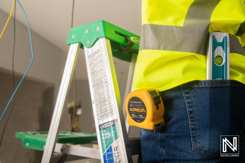 Construction worker prepares for tasks in modern space in Curacao during bright daylight hours