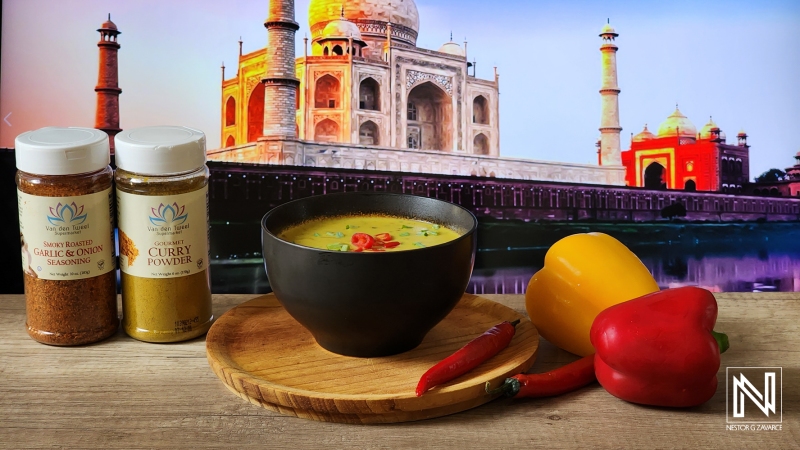 Spicy culinary creation featuring vibrant ingredients in a vibrant setting inspired by Curacao and Indian culture