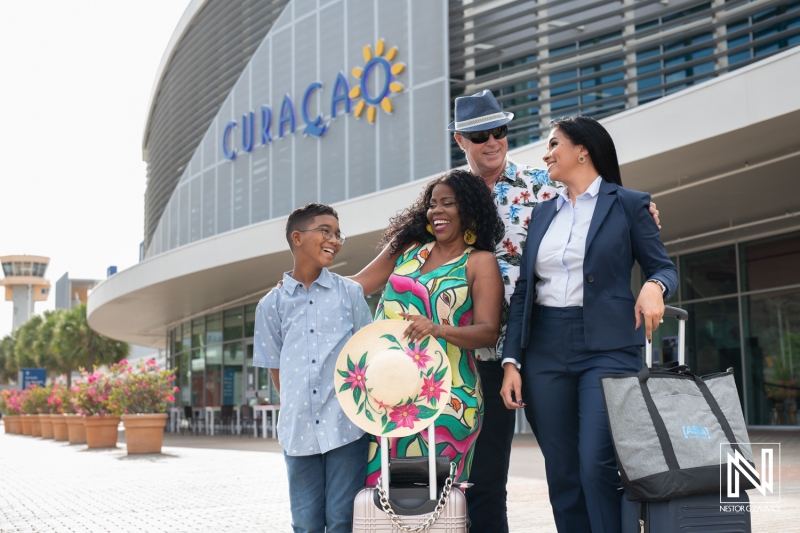 Family enjoys arrival at Curacao with excitement for vacation and exploration in a vibrant tropical destination