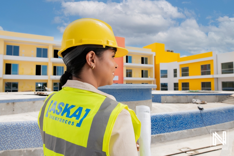 Construction professional overseeing site development in Curacao with bright buildings in the background