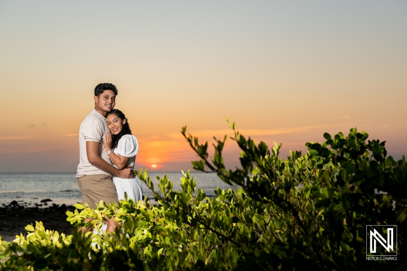 Engagement session at St. Michiel in Curacao capturing a couple in a romantic sunset amid scenic Boka Sami landscape