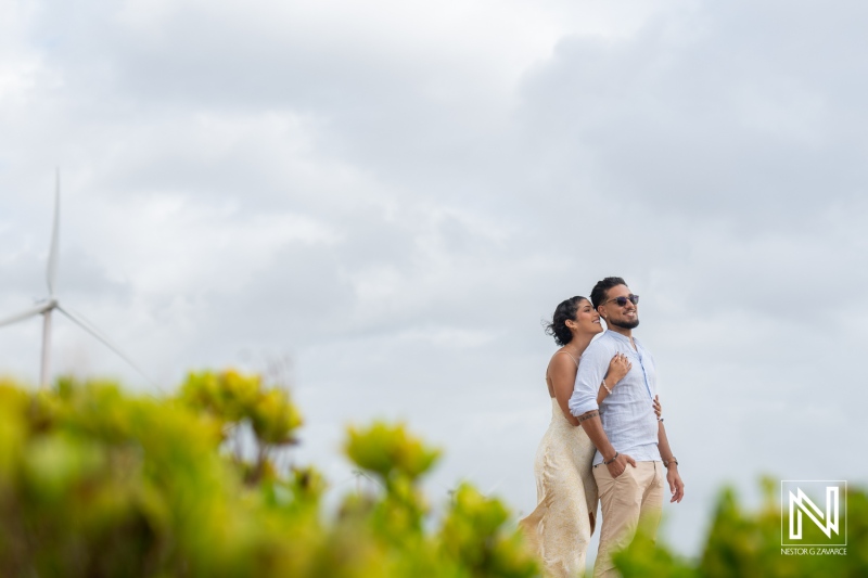 Engagement session at Vlakte di San Pedro showcasing love against a stunning coastal backdrop in Curacao