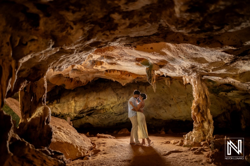 Engagement session in a stunning cave setting at Vlakte di San Pedro, Curacao during golden hour