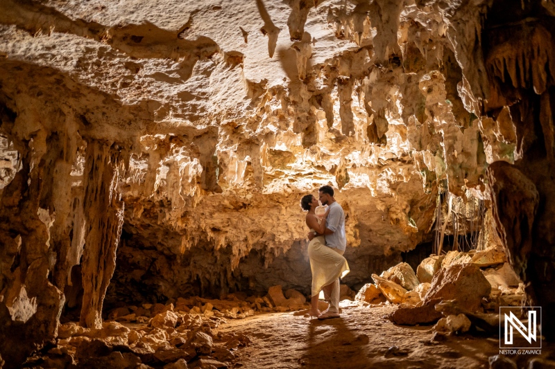 Engagement session filled with romance at Vlakte di San Pedro, Curacao in a stunning natural cave setting