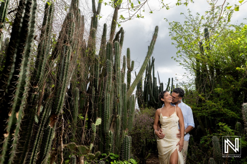 Engagement session in lush nature at Vlakte di San Pedro, Curacao with beautiful couple among cacti