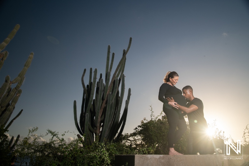 Expecting parents celebrating their journey at sunset in Curacao with vibrant cacti in the background