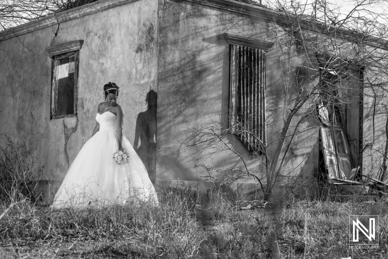 Bride next to old house ruins photoshoot