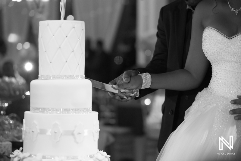 Bride and groom cutting the wedding cake