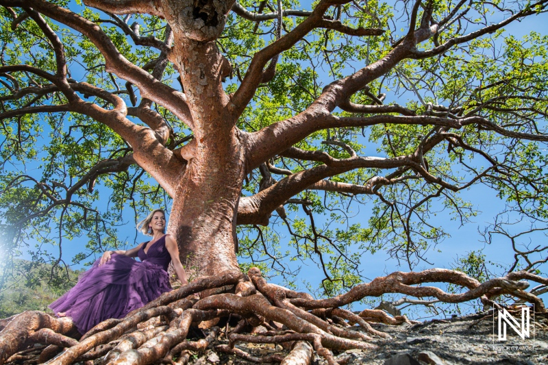 A woman in a flowing purple dress poses gracefully beside a large tree with expansive roots under a bright sky during a sunny day