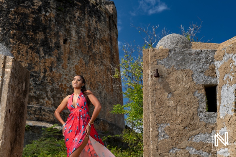 A woman in a vibrant dress stands confidently at the ancient ruins of a fort under a clear blue sky, capturing the essence of history and beauty in a tranquil moment