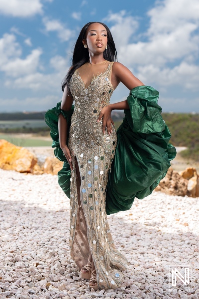 Elegant woman in shimmering gown poses confidently in a scenic outdoor location under a blue sky with scattered clouds during daylight hours