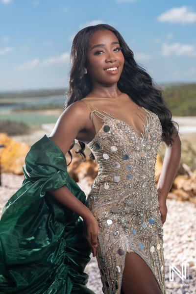 Elegant woman in sparkling gown poses against scenic backdrop during afternoon outdoor event in natural setting