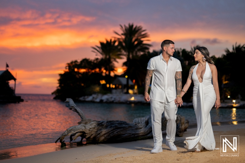 Couple enjoys wedding proposal at Baoase Luxury Resort in Curacao during sunset