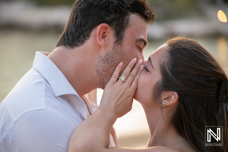 Couple shares a kiss during wedding proposal at Baoase Luxury Resort in Curacao