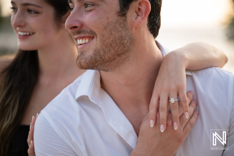 Couple enjoys a special moment during a wedding proposal at Baoase Luxury Resort in Curacao