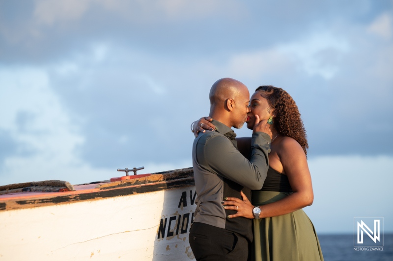 Couple shares a moment during a wedding proposal at Avila Beach Hotel in Curacao