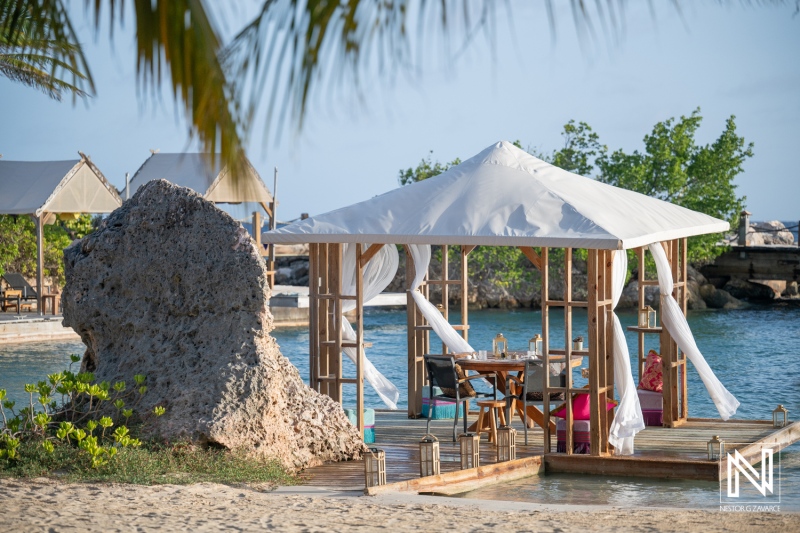 Wedding proposal setup at Baoase Luxury Resort in Curacao on a sunny day by the water