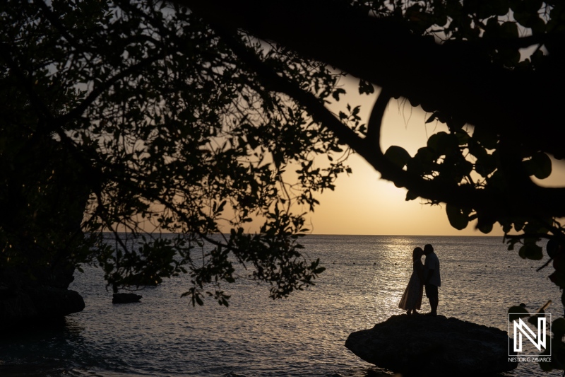 A romantic sunset moment between a couple on a beach, silhouetted by trees as the sun sets over the ocean in a tropical paradise