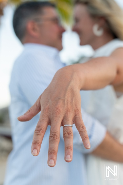 Couple gets engaged with a wedding proposal at Baoase Luxury Resort in Curacao during sunset hours