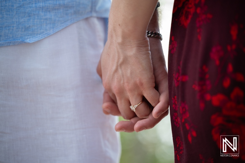 Couple enjoys wedding proposal moment at Knip in Curacao during sunset