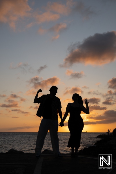 Romantic wedding proposal at sunset in Curacao, capturing a heartfelt moment at Baoase Luxury Resort