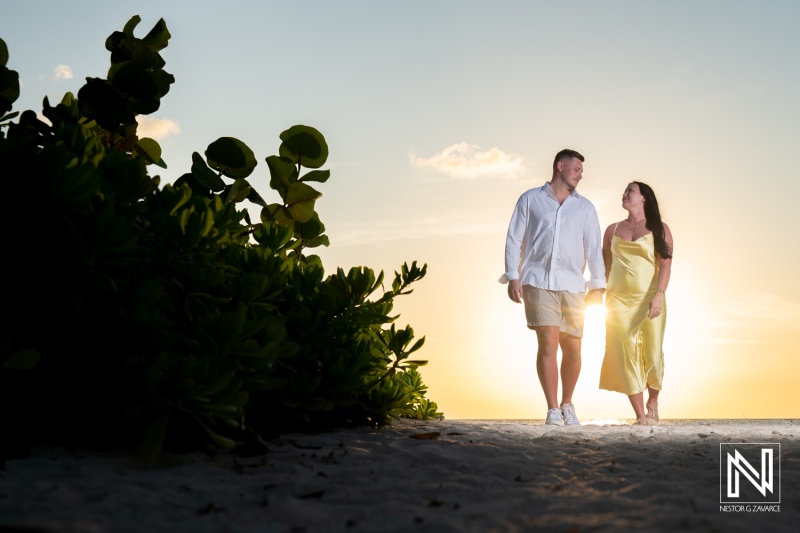 Romantic wedding proposal on the beach at Curacao Marriott Beach Resort during sunset