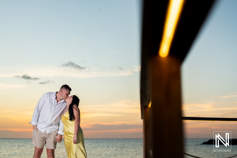 Romantic wedding proposal at sunset on the beach in Curacao near the Marriott Resort