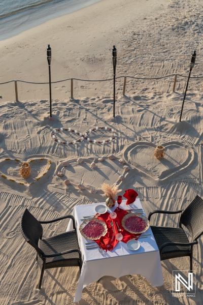 Couple shares memorable wedding proposal at Avila Beach Hotel during a stunning sunset in Curacao