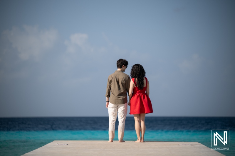 Wedding proposal at Playa Porto Mari in Curacao with a couple overlooking the sea
