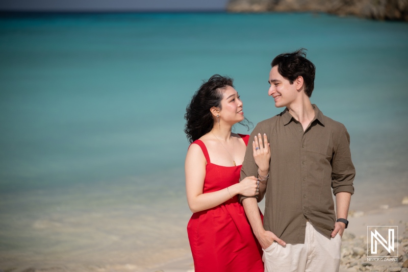 Couple enjoys wedding proposal moment at Playa Porto Mari, Curacao