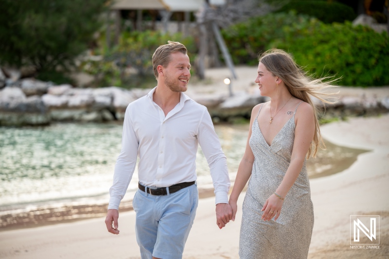 Couple enjoys a walk during a wedding proposal at Baoase Luxury Resort in Curacao