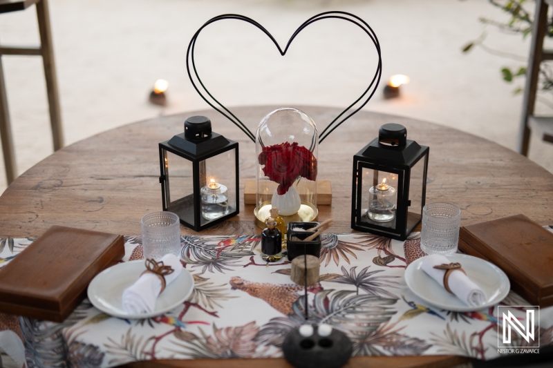 Wedding proposal setup at Baoase Luxury Resort in Curacao with a romantic table decorated for the occasion