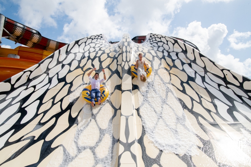 Bride and groom at the water park