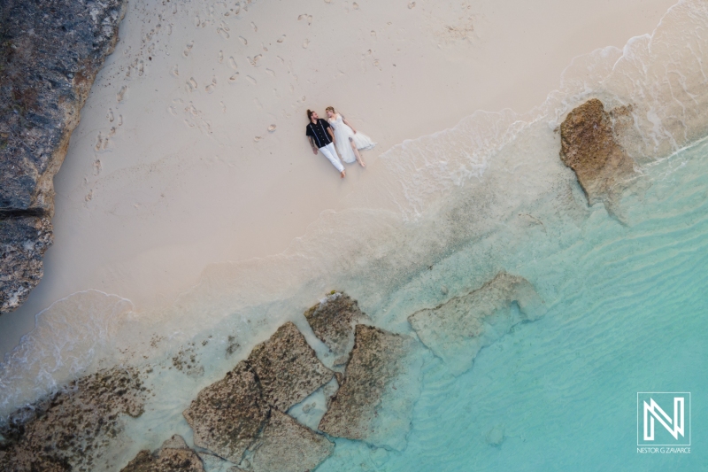 Bride and groom drone photoshoot session at Cas Abao