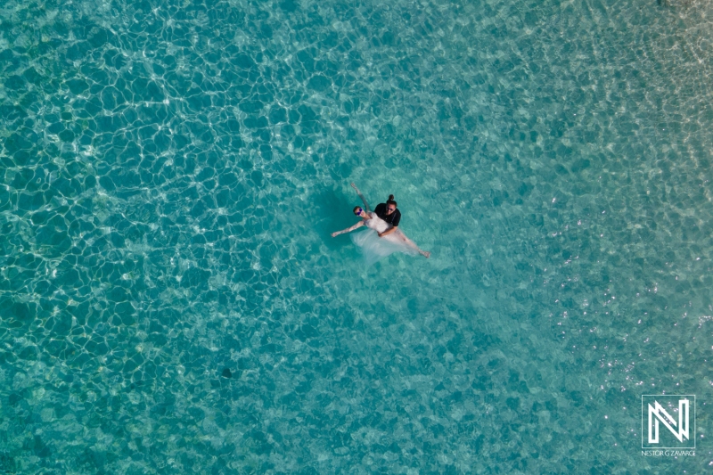 Bride and groom drone photoshoot session at Cas Abao