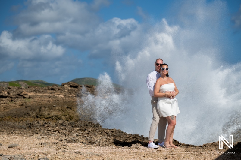 Trash the dress session captures love on the rugged coast of Shete Boka National Park in Curacao