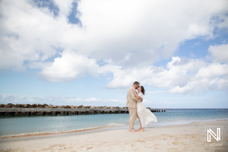 Bride and Groom Embracing on the Beach