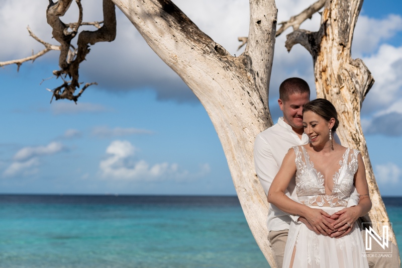 A Bride and Groom Embrace Beneath a Weathered Tree on the Beach During a Sunny Day, Surrounded by Turquoise Waters and a Bright Blue Sky