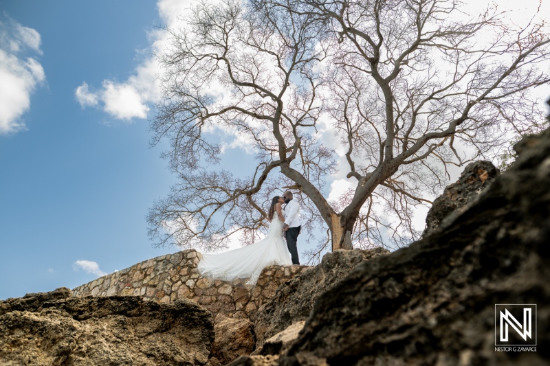 Trash the dress photoshoot in Curacao near a tree and rocks on a sunny day