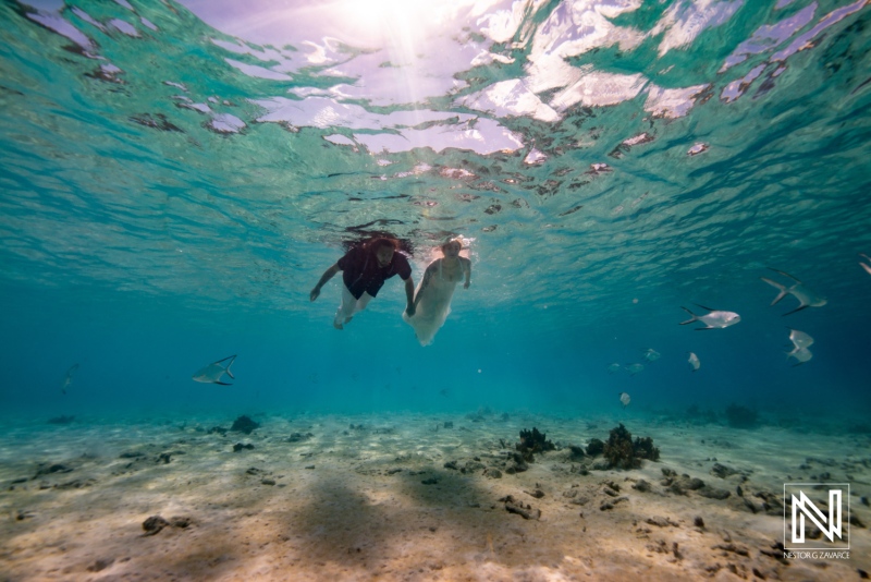 Underwater exploration in Curacao with two people swimming among fish and coral