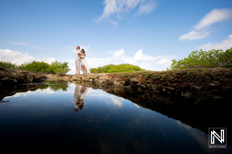 Vow renewal ceremony on the scenic shores of Doggy Beach in Curacao under a clear blue sky
