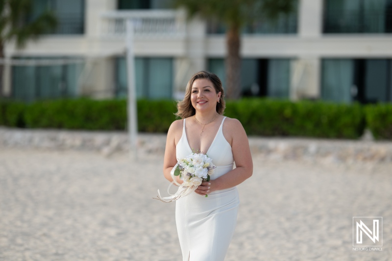 A Joyful Bride Walking on the Beach Holding a Bouquet, Preparing for Her Wedding Ceremony at a Tropical Resort During Sunset