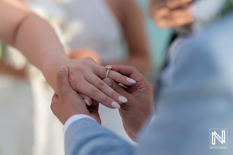 A Couple Exchanging Wedding Rings During a Heartfelt Ceremony Surrounded by Nature in a Beautiful Outdoor Setting on a Sunny Day