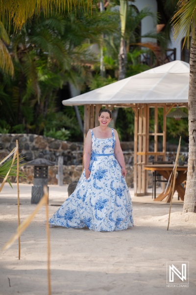 Bride Arriving in a Blue Floral Dress